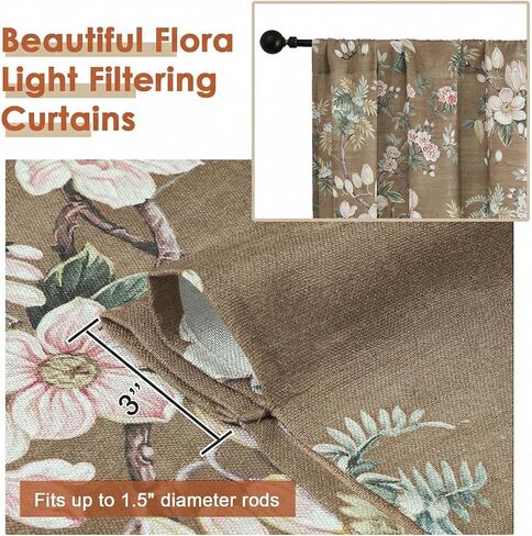 Aiyufeng Taupe Floral Curtains for Living Room Bedroom 63 Inches Long, Elegant Flower Print Patterned Light Filtering Textured Rod Pocket Window Treatments Drapes Farmhouse, W40 X L63 Inch in Saudi Arabia