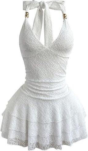 Milumia Women's Lace Halter Mini Dress Beaded Tie Back Layered Ruffle Hem Sexy Going Out Dresses in Kuwait