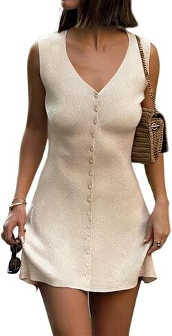 Women Elegant Sleeveless V Neck Button Down Knit Mini Dress Casual Summer Ribbed Slim Fit Tank A Line Short Dress in Saudi Arabia