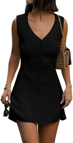 Women Elegant Sleeveless V Neck Button Down Knit Mini Dress Casual Summer Ribbed Slim Fit Tank A Line Short Dress in Saudi Arabia