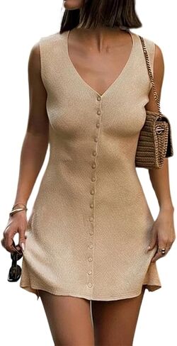 Women Elegant Sleeveless V Neck Button Down Knit Mini Dress Casual Summer Ribbed Slim Fit Tank A Line Short Dress in Saudi Arabia