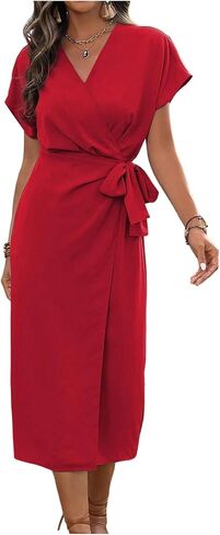 Floerns Women's Elegant Wrap V Neck Midi Dress Summer Dolman Sleeve Knot Side Vacation Dresses in Kuwait