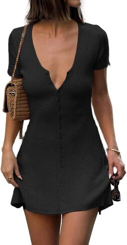 Women Sexy V Neck Button Front Knitted Mini Dress Summer Slim Fit Short Sleeve Flowy A-Line Sweater Short Dress in Saudi Arabia