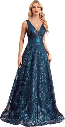 Backless & A-Line Maxi Wedding Guest Dress with Sequin Embroidered, Belted & V-Neck Ball Gown for Party & Cocktail in Saudi Arabia