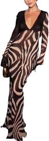 Womens Sexy Sheer Mesh Maxi Dress See Through V Neck Long Long Sleeve Dress Night Party Dresses 2025 in Saudi Arabia