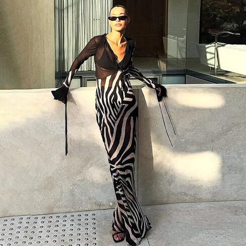 Womens Sexy Sheer Mesh Maxi Dress See Through V Neck Long Long Sleeve Dress Night Party Dresses 2025 in Saudi Arabia