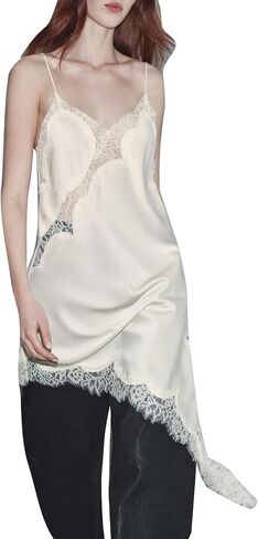 Amiblvowa Women Lace Mini Slip Dress Satin Spaghetti Strap Asymmetrical Dress Sexy Low Cut V Neck Backless Silk Slips in Kuwait
