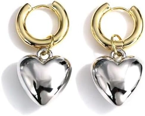QueenBee Heart Hoop Earrings for Women – Gold & Silver Plated Mixed Metal Dangle Earrings, Puffy Teardrop Trendy Earrings, Hypoallergenic Mixed Metal Jewelry, Fashionable Statement Gift for Birthday, Mother's Day, Wedding Bridesmaids in Saudi Arabia