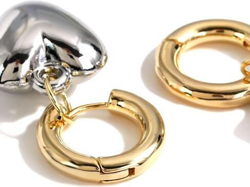 QueenBee Heart Hoop Earrings for Women – Gold & Silver Plated Mixed Metal Dangle Earrings, Puffy Teardrop Trendy Earrings, Hypoallergenic Mixed Metal Jewelry, Fashionable Statement Gift for Birthday, Mother's Day, Wedding Bridesmaids in Saudi Arabia