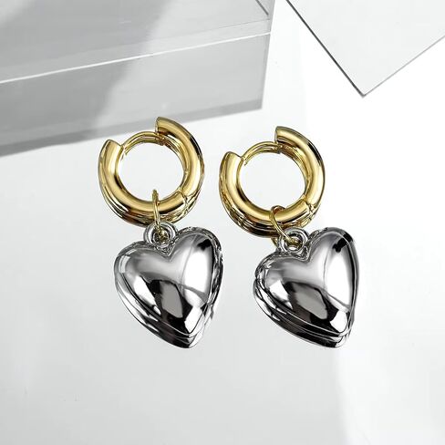 QueenBee Heart Hoop Earrings for Women – Gold & Silver Plated Mixed Metal Dangle Earrings, Puffy Teardrop Trendy Earrings, Hypoallergenic Mixed Metal Jewelry, Fashionable Statement Gift for Birthday, Mother's Day, Wedding Bridesmaids in Saudi Arabia