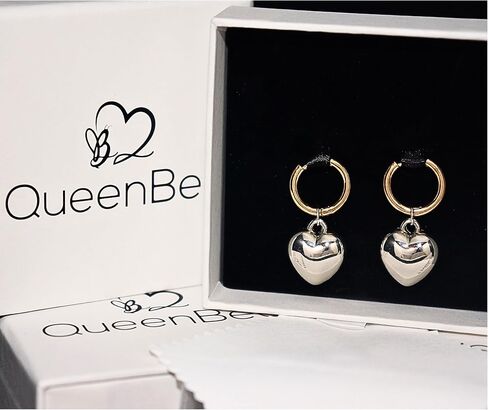 QueenBee Heart Hoop Earrings for Women – Gold & Silver Plated Mixed Metal Dangle Earrings, Puffy Teardrop Trendy Earrings, Hypoallergenic Mixed Metal Jewelry, Fashionable Statement Gift for Birthday, Mother's Day, Wedding Bridesmaids in Saudi Arabia