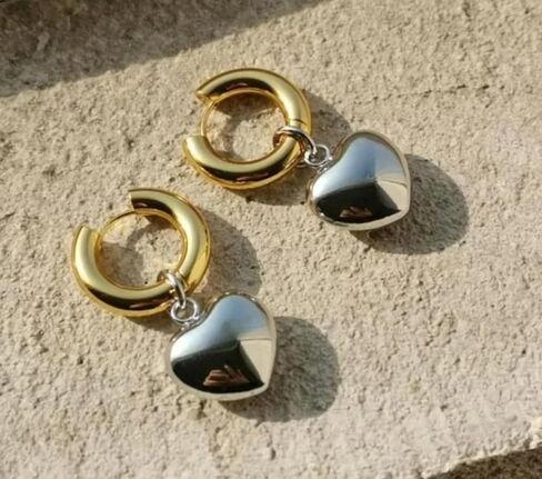 QueenBee Heart Hoop Earrings for Women – Gold & Silver Plated Mixed Metal Dangle Earrings, Puffy Teardrop Trendy Earrings, Hypoallergenic Mixed Metal Jewelry, Fashionable Statement Gift for Birthday, Mother's Day, Wedding Bridesmaids in Saudi Arabia