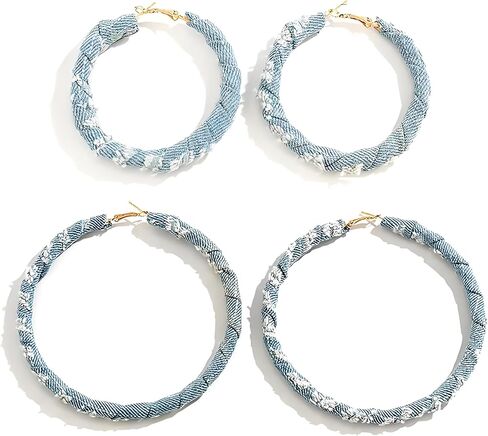 Dreuyet 2 Pairs Bohemia Denim Hoop Earrings for Women Simple Exaggerated Geometric Big Circle Round Star Heart Statement Earrings Chic Jewelry Gifts Wedding Bridal in Kuwait