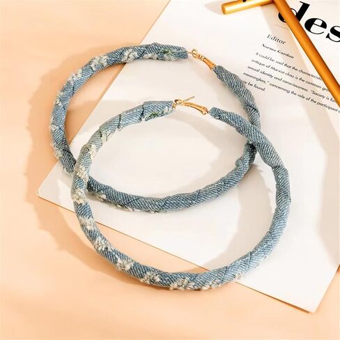 Dreuyet 2 Pairs Bohemia Denim Hoop Earrings for Women Simple Exaggerated Geometric Big Circle Round Star Heart Statement Earrings Chic Jewelry Gifts Wedding Bridal in Kuwait