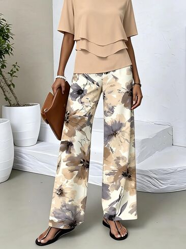 Women's Floral Print Wide Leg Pants, High Waist Casual Loose Flowy Palazzo Trousers for Summer Beach in Kuwait