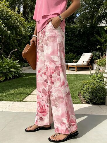 Women's Floral Print Wide Leg Pants, High Waist Casual Loose Flowy Palazzo Trousers for Summer Beach in Kuwait