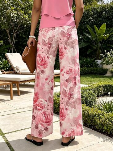 Women's Floral Print Wide Leg Pants, High Waist Casual Loose Flowy Palazzo Trousers for Summer Beach in Kuwait
