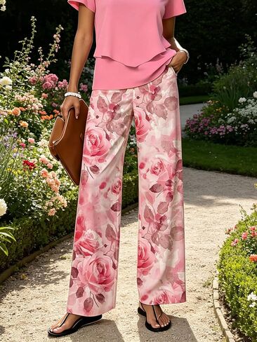 Women's Floral Print Wide Leg Pants, High Waist Casual Loose Flowy Palazzo Trousers for Summer Beach in Kuwait