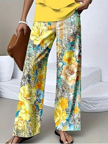 Women's Floral Print Wide Leg Pants, High Waist Casual Loose Flowy Palazzo Trousers for Summer Beach in Kuwait