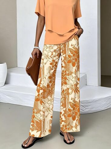 Women's Floral Print Wide Leg Pants, High Waist Casual Loose Flowy Palazzo Trousers for Summer Beach in Kuwait