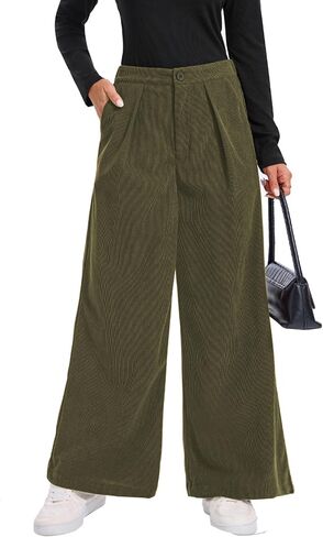 Women's Wide Leg Corduroy Button and Zipper Elastic Waist Loose Dressy Pant with Pockets in Saudi Arabia
