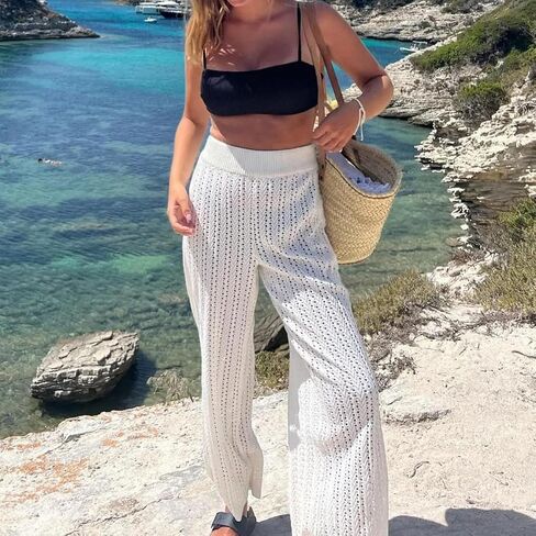 Womens Wide Leg Pants Boho Crochet Knit Beach Pants for Women High Waisted Hollow Out Flowy Palazzo Trousers in Kuwait
