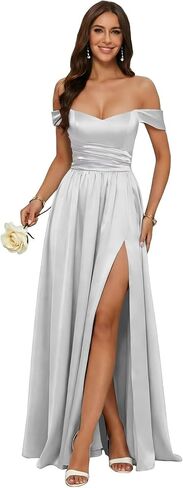 Women's Satin Off the Shoulder Bridesmaid Dresses Long Pleated Formal Evening Gown AS066 in Saudi Arabia