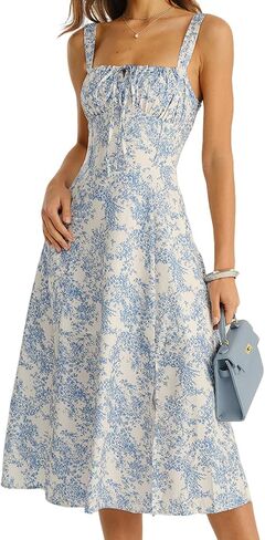 Women Summer Dresses Vintage Square Neck Adjustable Bust Floral Dress Sleeveless Flexible A-Line Dress in Saudi Arabia