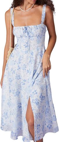 Women Summer Dresses Vintage Square Neck Adjustable Bust Floral Dress Sleeveless Flexible A-Line Dress in Saudi Arabia