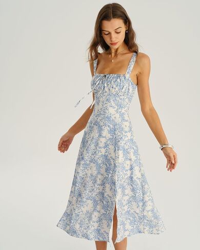 Women Summer Dresses Vintage Square Neck Adjustable Bust Floral Dress Sleeveless Flexible A-Line Dress in Saudi Arabia