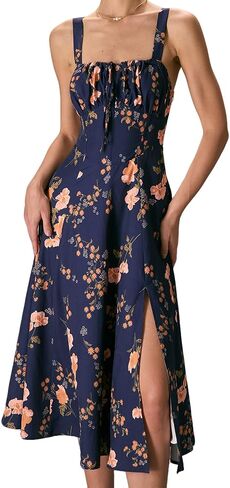 Women Summer Dresses Vintage Square Neck Adjustable Bust Floral Dress Sleeveless Flexible A-Line Dress in Saudi Arabia