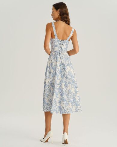 Women Summer Dresses Vintage Square Neck Adjustable Bust Floral Dress Sleeveless Flexible A-Line Dress in Saudi Arabia