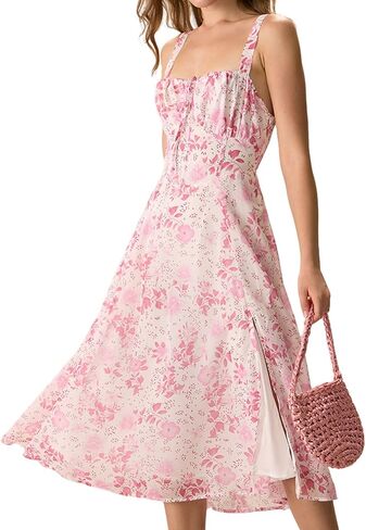 Women Summer Dresses Vintage Square Neck Adjustable Bust Floral Dress Sleeveless Flexible A-Line Dress in Saudi Arabia