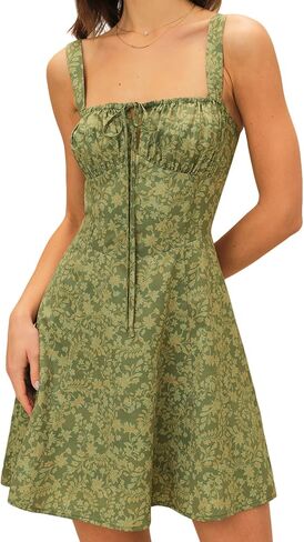 Women Summer Dresses Vintage Square Neck Adjustable Bust Floral Dress Sleeveless Flexible A-Line Dress in Saudi Arabia