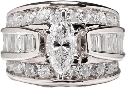 Cubic Zirconia Half Eternity Channel Set Round and Baguette Cut Marquise Shaped Solitaire Engagement Ring,Sterling Silver Plated Wide Statement Wedding Band Ring For Women in Kuwait