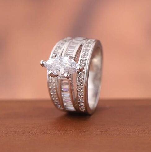 Cubic Zirconia Half Eternity Channel Set Round and Baguette Cut Marquise Shaped Solitaire Engagement Ring,Sterling Silver Plated Wide Statement Wedding Band Ring For Women in Kuwait