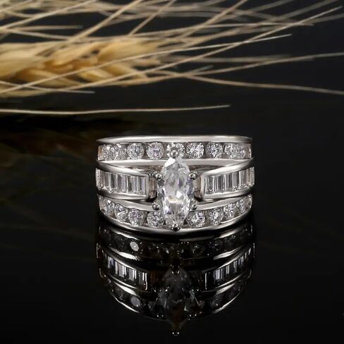 Cubic Zirconia Half Eternity Channel Set Round and Baguette Cut Marquise Shaped Solitaire Engagement Ring,Sterling Silver Plated Wide Statement Wedding Band Ring For Women in Kuwait
