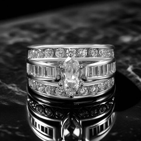 Cubic Zirconia Half Eternity Channel Set Round and Baguette Cut Marquise Shaped Solitaire Engagement Ring,Sterling Silver Plated Wide Statement Wedding Band Ring For Women in Kuwait