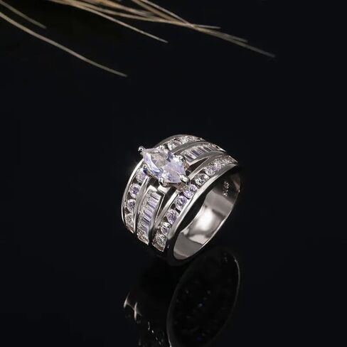 Cubic Zirconia Half Eternity Channel Set Round and Baguette Cut Marquise Shaped Solitaire Engagement Ring,Sterling Silver Plated Wide Statement Wedding Band Ring For Women in Kuwait
