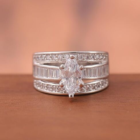 Cubic Zirconia Half Eternity Channel Set Round and Baguette Cut Marquise Shaped Solitaire Engagement Ring,Sterling Silver Plated Wide Statement Wedding Band Ring For Women in Kuwait