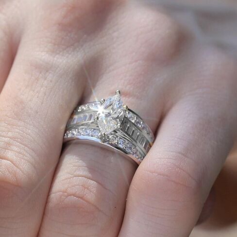 Cubic Zirconia Half Eternity Channel Set Round and Baguette Cut Marquise Shaped Solitaire Engagement Ring,Sterling Silver Plated Wide Statement Wedding Band Ring For Women in Kuwait