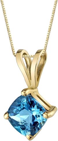 PEORA 14K Yellow Gold Swiss Blue Topaz Pendant, Genuine Gemstone Classic Solitaire, Cushion Cut, 6mm, 1 Carat total, Blue Gemstone Necklace, December Birthstone Gold Necklace, w/Jewelry Box in Kuwait