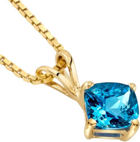 PEORA 14K Yellow Gold Swiss Blue Topaz Pendant, Genuine Gemstone Classic Solitaire, Cushion Cut, 6mm, 1 Carat total, Blue Gemstone Necklace, December Birthstone Gold Necklace, w/Jewelry Box in Kuwait