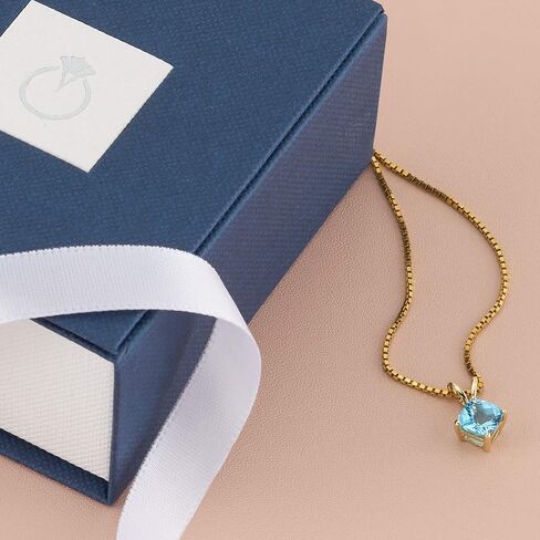 PEORA 14K Yellow Gold Swiss Blue Topaz Pendant, Genuine Gemstone Classic Solitaire, Cushion Cut, 6mm, 1 Carat total, Blue Gemstone Necklace, December Birthstone Gold Necklace, w/Jewelry Box in Kuwait