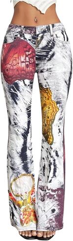 WDIRARA Women's Graphic Flare Jeans Y2k Low Rise Stretchy Bootcut Denim Pants in Kuwait