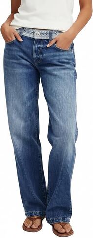 Madrirdma Straight Leg Jeans for Women Trendy Low Rise Embroidered Stretch Wash Baggy Boyfriend Denim Jeans in Saudi Arabia