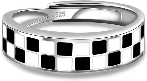 Black and White Checkered Ring: 925 Sterling Silver Checkerboard Band Rings Adjustable Vintage Y2K Race Chess Board Jewelry Hiphop Punk Gothic Gift for Women Men in Saudi Arabia