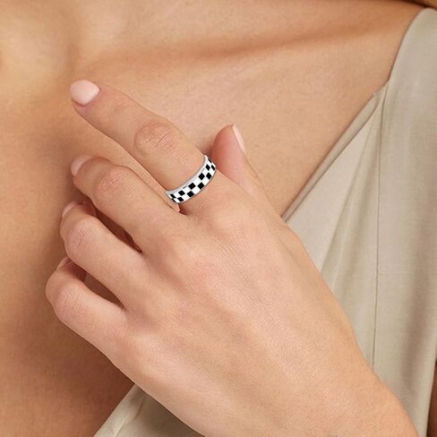 Black and White Checkered Ring: 925 Sterling Silver Checkerboard Band Rings Adjustable Vintage Y2K Race Chess Board Jewelry Hiphop Punk Gothic Gift for Women Men in Saudi Arabia