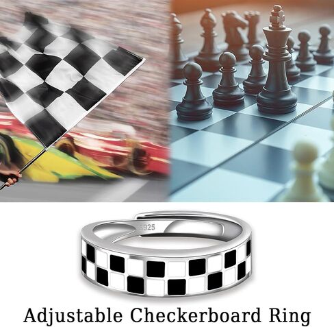 Black and White Checkered Ring: 925 Sterling Silver Checkerboard Band Rings Adjustable Vintage Y2K Race Chess Board Jewelry Hiphop Punk Gothic Gift for Women Men in Saudi Arabia
