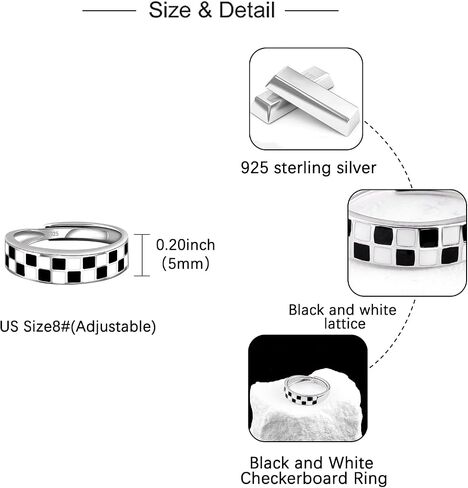 Black and White Checkered Ring: 925 Sterling Silver Checkerboard Band Rings Adjustable Vintage Y2K Race Chess Board Jewelry Hiphop Punk Gothic Gift for Women Men in Saudi Arabia